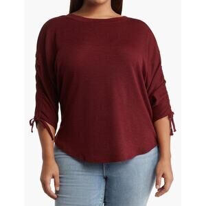 Max Studio Wine Tie Cinched Sleeve Ribbed Top Size 1X NWT‎